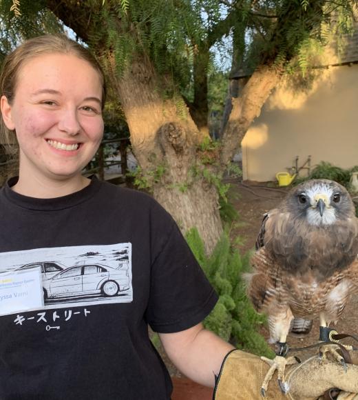 A young woman in a black t-shirt holds a hawk on her gloved arm, smiling outdoors.